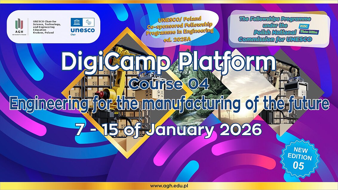 A banner for the online training series, featuring the thematic scope of online course No. 4, "Engineering for the manufacturing of the future". The banner features the training timeline, a badge announcing the new, fifth edition of the course, and abstract graphics in the background.