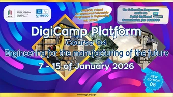 Baner cyklu szkoleń online, zakres tematyczny kursu online nr 4 o tytule "Engineering for the manufacturing of the future". Na banerze zakres czasowy szkoleń, plakietka o nowej, piątej edycji kursu, w tle abstrakcyjne grafiki