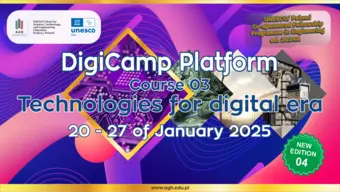 Baner cyklu szkoleń online, zakres tematyczny kursu online nr 3 o tytule "Technologies for digital era". Na banerze data wydarzenia, plakietka o nowej edycji kursu z numerem 04, w tle abstrakcyjne grafiki z kolorem dominującym fioletowym i różowym