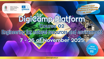 Baner cyklu szkoleń online, zakres tematyczny kursu online nr 1 o tytule "Engineering for sustainable energy". Na banerze zakres czasowy szkoleń, plakietka o nowej, piątej edycji kursu, w tle abstrakcyjne grafiki