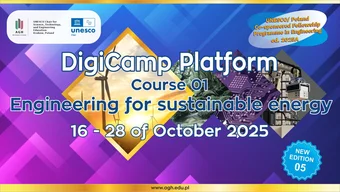 Baner cyklu szkoleń online, zakres tematyczny kursu online nr 1 o tytule "Engineering for sustainable energy". Na banerze zakres czasowy szkoleń, plakietka o nowej, piątej edycji kursu, w tle abstrakcyjne grafiki