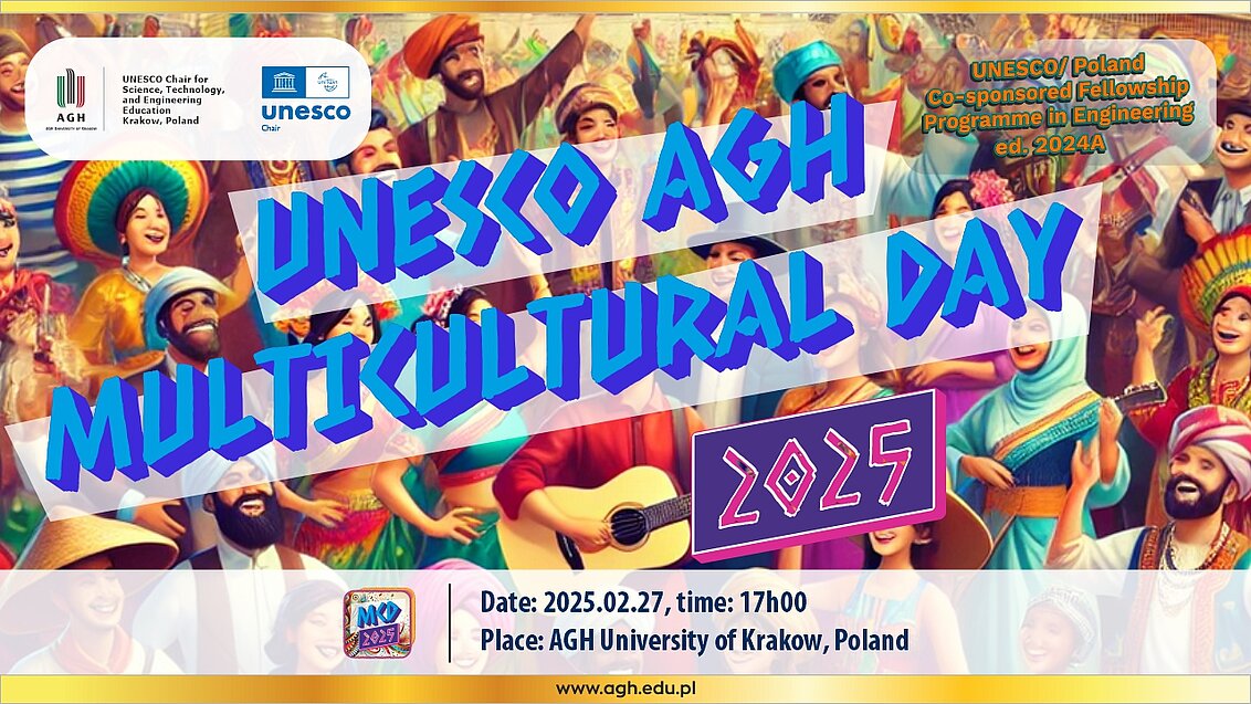 Baner na wydarzenie "UNESCO AGH Multicultural Day 2025". W tle radośni ludzie bawiący się i śpiewający