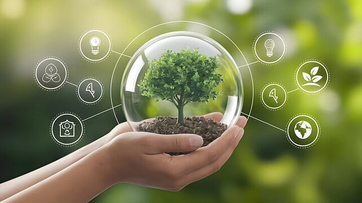 Ręce trzymające szklaną kulę z drzewem w środku. Kolorystyka obrazka zielona, dookoła kuli piktorgamy symbolizujące ochronę środowiska