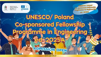 Baner na rozpoczęcie procesu naboru kandydatów na projekt stypendialny "UNESCO/ Poland Co-sponsored Fellowships Programme in Engineering edition 2025A". W tle młodzi, radośni ludzie, cieszą się