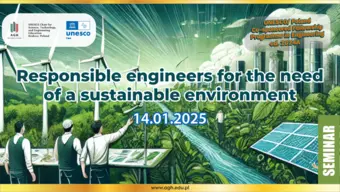 baner na wydarzenie Responsible engineers for the need of a sustainable environment 2025, data wydarzenia 14.01.2025. W tle baneru inżynierowie pracujący nad odnawialnymi źródłami energii, kolorystyka dominująca zielona, na dalszym tle pierzeje bloków miasta, przez miasto płynie rzeka