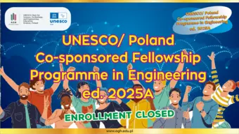 Baner na zakończenie procesu naboru kandydatów na projekt stypendialny "UNESCO/ Poland Co-sponsored Fellowships Programme in Engineering edition 2025A". W tle młodzi, radośni ludzie, cieszą się