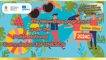 Plakat do rekturacji na program stypendialny Fellowship Programme under the Polish National Commission for UNESCO in Engineering, Summer edition 2024 C. Na banerze napis Aplikuj teraz, edycja letnia, edycja 2024C