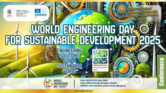 Baner na konferencję "World Engineering Day for Sustainable Development 2025, UNESCO AGH Chair Conference on Engineering Solutions for a Sustainable World". Na banerze data konferencji. W tle planeta Ziemia, koła zębate