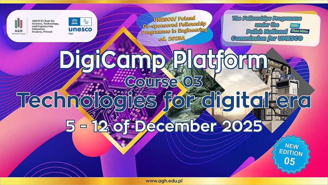 Baner cyklu szkoleń online, zakres tematyczny kursu online nr 3 o tytule "Technologies for digital era". Na banerze zakres czasowy szkoleń, plakietka o nowej, piątej edycji kursu, w tle abstrakcyjne grafiki