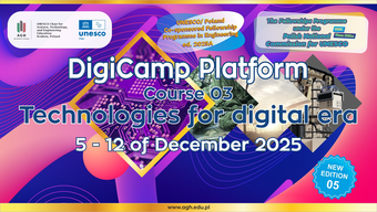 Baner cyklu szkoleń online, zakres tematyczny kursu online nr 3 o tytule "Technologies for digital era". Na banerze zakres czasowy szkoleń, plakietka o nowej, piątej edycji kursu, w tle abstrakcyjne grafiki